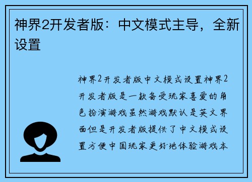 神界2开发者版：中文模式主导，全新设置